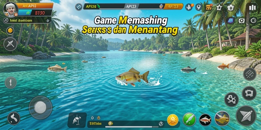 Tampilan gameplay API33 dengan berbagai jenis ikan saat memancing.