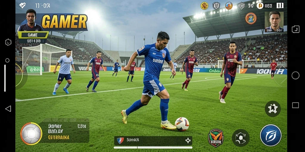 Tampilan gameplay seru dalam GAMERP menunjukkan aksi sepak bola yang mendebarkan.