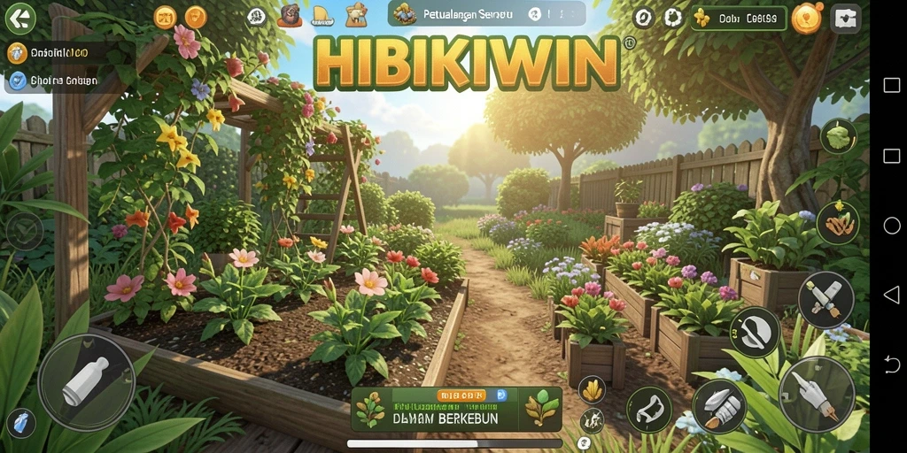 Screenshot utama HIBIKIWIN menampilkan petualangan berkebun yang penuh warna dan interaktif.