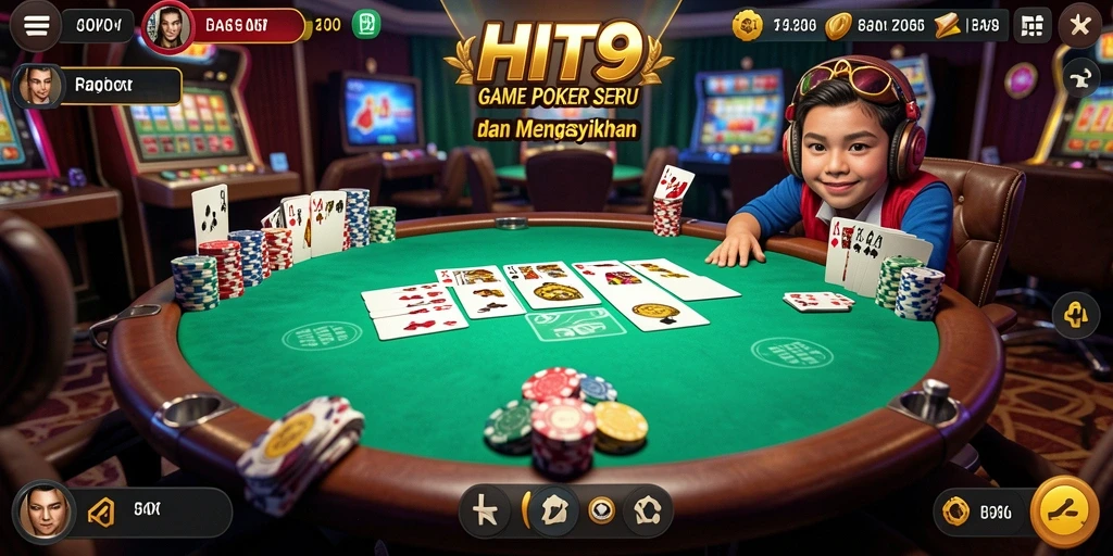Screenshot HIT9 menunjukkan pemain bersemangat bermain poker dengan teman-teman.