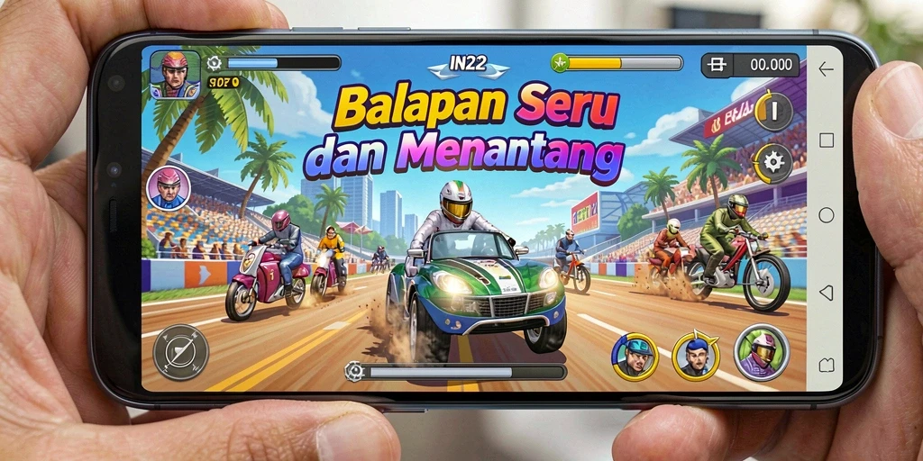 Screenshot gameplay utama IN22 menunjukkan aksi balap yang menegangkan.
