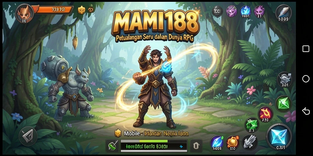 Screenshot utama <strong>MAMI188</strong> menampilkan pertempuran seru dalam dunia RPG yang penuh warna.