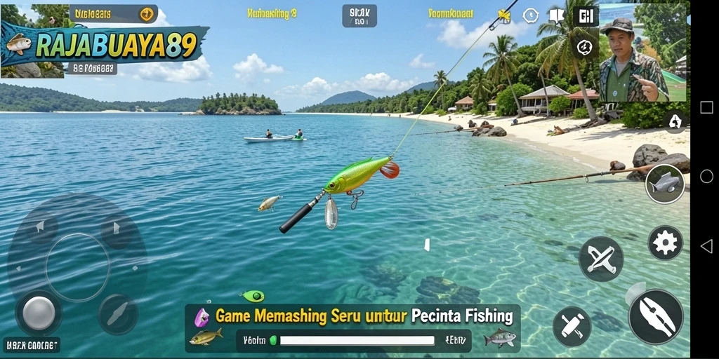Screenshot gameplay RAJABUAYA89 menunjukkan aksi memancing seru di lautan.