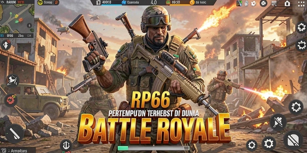 Tampilan screenshot utama RP66 yang menarik dengan aksi Battle Royale.