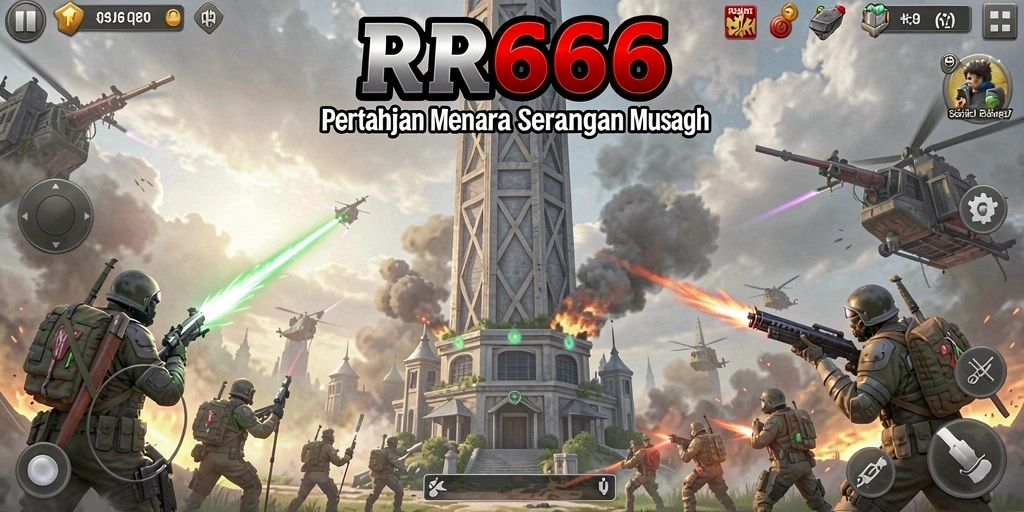 Menampilkan aksi pertempuran seru dalam game Tower Defense.