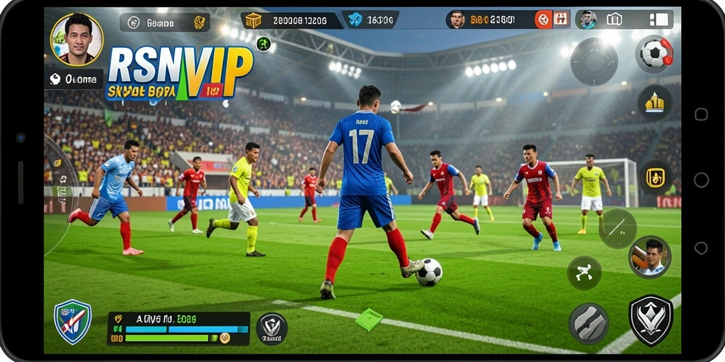 Screenshot utama RSNVIP menampilkan aksi seru di lapangan sepak bola.