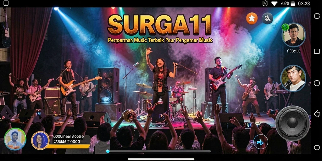 Screenshot menunjukkan gameplay seru di SURGA11 dengan berbagai pilihan musik.