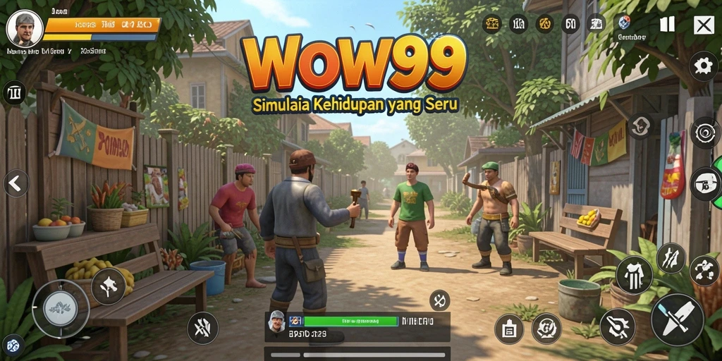 Screenshot WOW99 menampilkan karakter berinteraksi dalam gameplay simulasi.